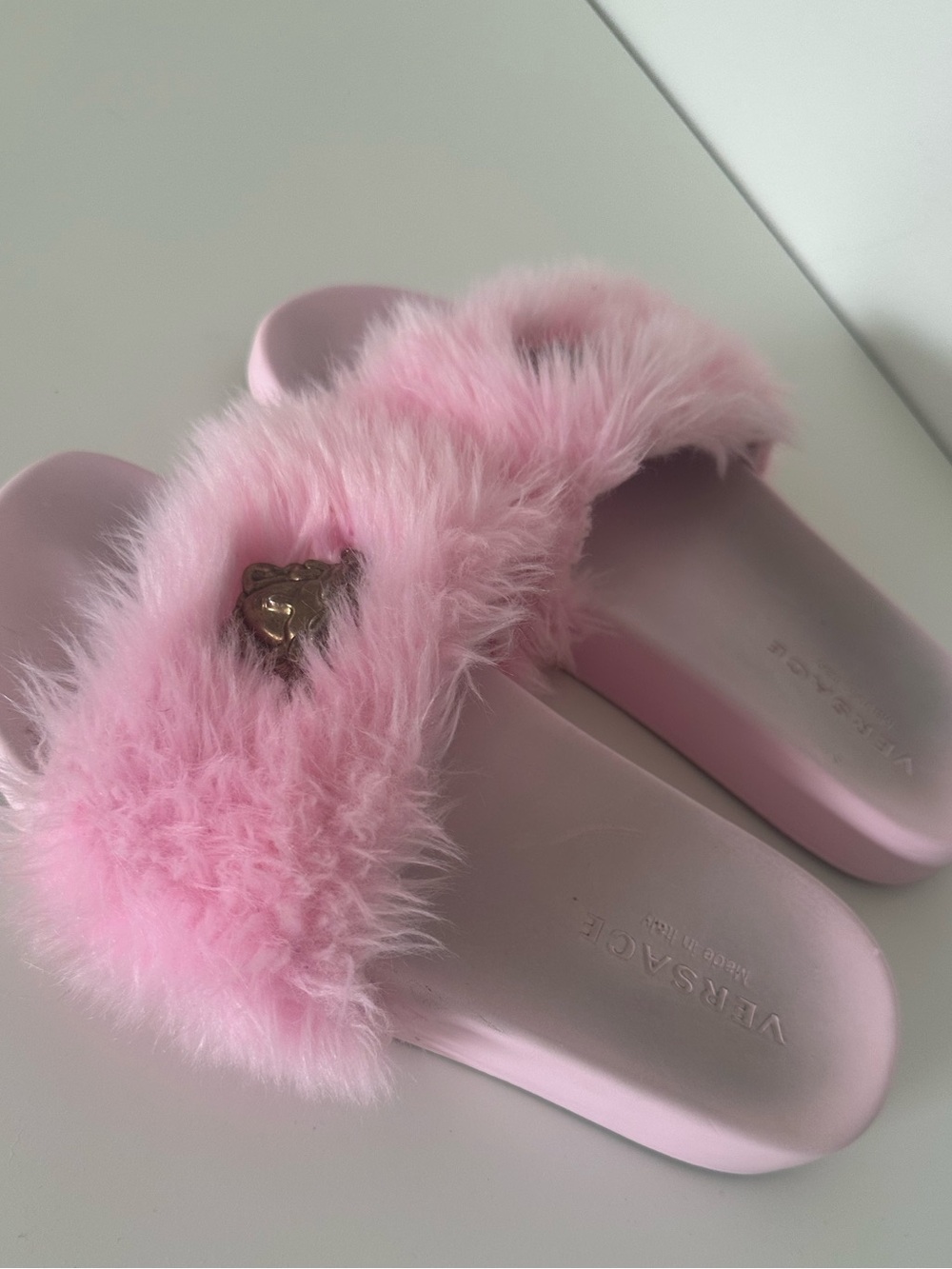 Versace Light Pink Faux Fur Medusa Slide Sandals